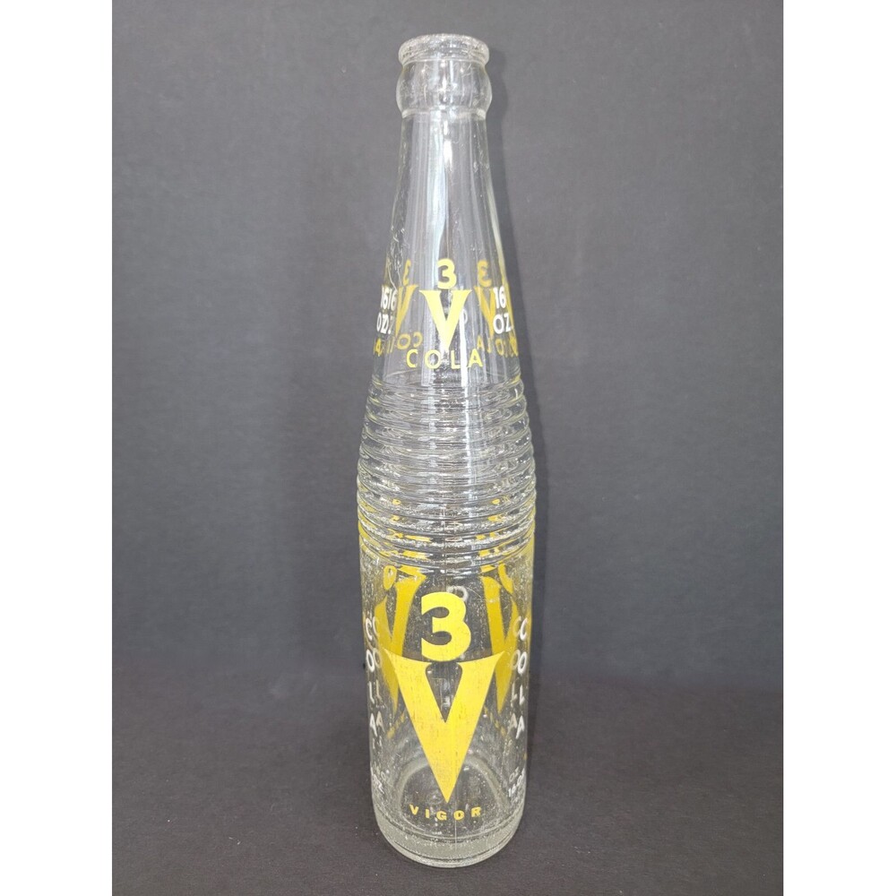 VINTAGE 3V COLA SODA BOTTLE - FULL PINT 16 OZ ACL CLEAR GLASS DATED 1957